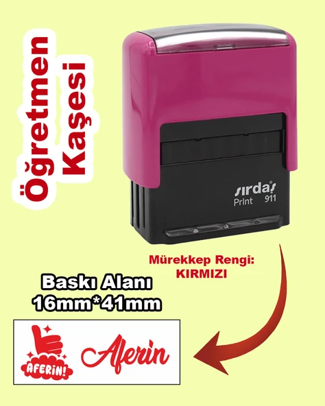 Öğretmen Motivasyon Kaşesi - Aferin, 911 (16mm x 41mm) Kırmızı Keçeli Otomatik Kaşe