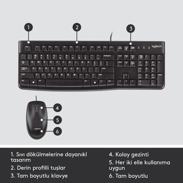 Logitech MK120 USB Kablolu Tam Boyutlu Türkçe Klavye Mouse Seti - Siyah - Resim 3