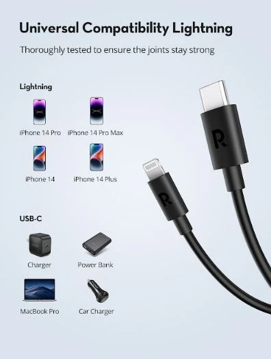 RAVPOWER Type-C to Lightning Cable 1m TPE Black RP-CB1016 - 3