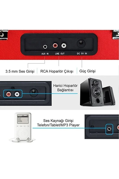 T310CH Şarj Özellikli Plak Çalar 33-45-78 Devir Kırmızı Renk Tek Ebat Beden - 3