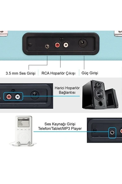 T310CH Şarj Özellikli Plak Çalar 33-45-78 Devir Mavi Renk Tek Ebat Beden - 3