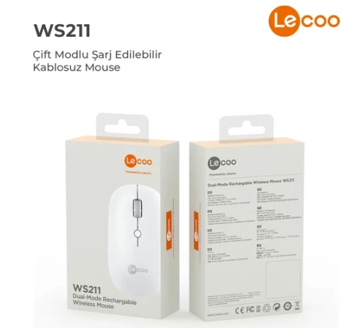 Lenovo lecoo WS211 Beyaz Şarjlı Sessiz Ergonomik Optik Kablosuz Mouse - Resim 2