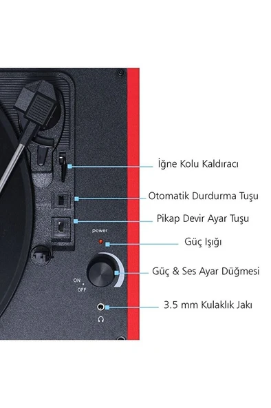 T310CH Şarj Özellikli Plak Çalar 33-45-78 Devir Kırmızı Renk Tek Ebat Beden - 4