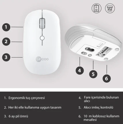Lenovo lecoo WS211 Beyaz Şarjlı Sessiz Ergonomik Optik Kablosuz Mouse - Resim 4