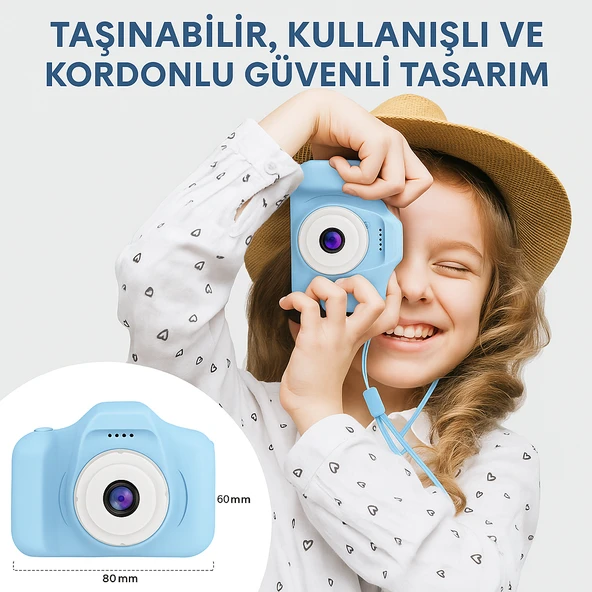 Çocuk Fotoğraf Makinesi  HD Ekranlı, Şarjlı, Hediye Kablo ve Askı Dahil Hediye Setli MAVİ - 4