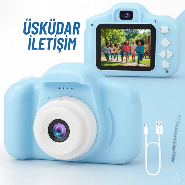 Çocuk Fotoğraf Makinesi  HD Ekranlı, Şarjlı, Hediye Kablo ve Askı Dahil Hediye Setli MAVİ