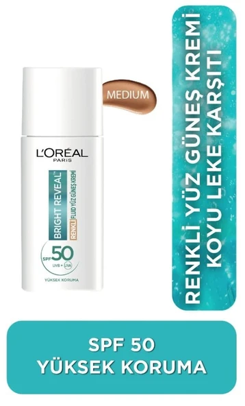 Loreal Paris Bright Reveal SPF 50+ Koyu Leke Karşıtı Fluid Günlük Yüz Güneş Kremi 50 ML - Medium ürün görseli