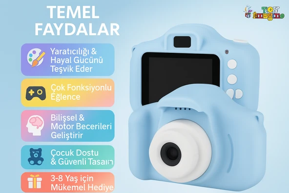 Çocuk Fotoğraf Makinesi  HD Ekranlı, Şarjlı, Hediye Kablo ve Askı Dahil Hediye Setli MAVİ - 6