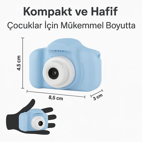 Çocuk Fotoğraf Makinesi  HD Ekranlı, Şarjlı, Hediye Kablo ve Askı Dahil Hediye Setli MAVİ - 2