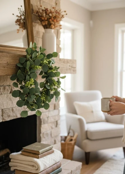 Yapay Çiçek Kapı Süsü Yeşil Okaliptus 50cm Yılbaşı Kapı Çelengi - Resim 3