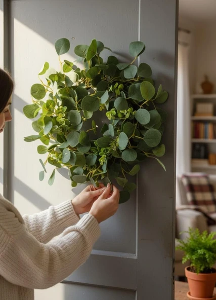 Yapay Çiçek Kapı Süsü Yeşil Okaliptus 50cm Yılbaşı Kapı Çelengi ürün görseli