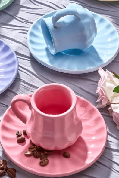 Renkli 6’lı Kahve Fincanı Takımı - Şık Modern Tasarım Hediyelik - Resim 3