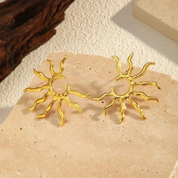 Göz Alıcı Gösterişli Altın Kaplama Soyut Güneş Formlu Çelik Uçlu VIP Bijuteri Küpe | Parlak ve Zarif - Resim 3