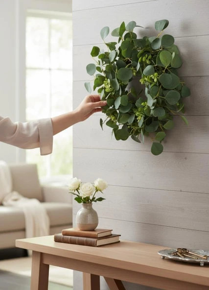 Yapay Çiçek Kapı Süsü Yeşil Okaliptus 50cm Yılbaşı Kapı Çelengi - Resim 4