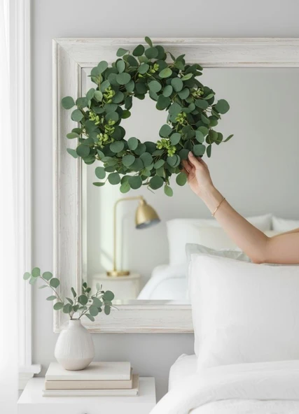 Yapay Çiçek Kapı Süsü Yeşil Okaliptus 50cm Yılbaşı Kapı Çelengi - Resim 5