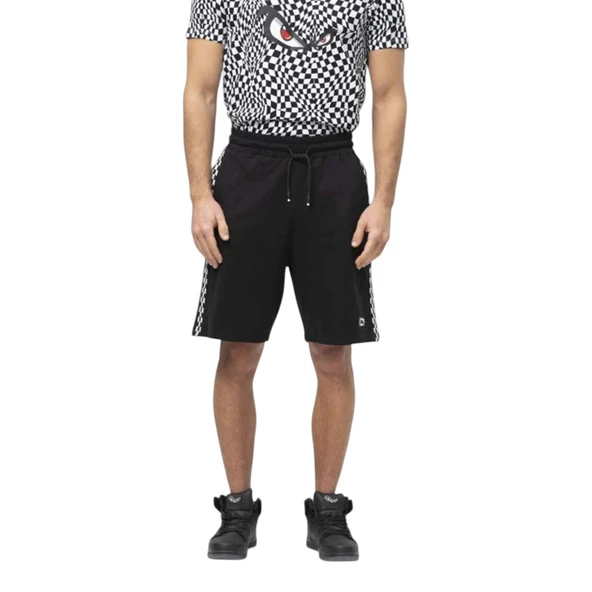 Siyah Dama Desen Şeritli Erkek Beli Lastikli Şort - 2