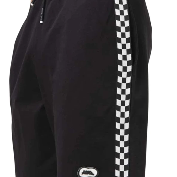 Siyah Dama Desen Şeritli Erkek Beli Lastikli Şort - 3