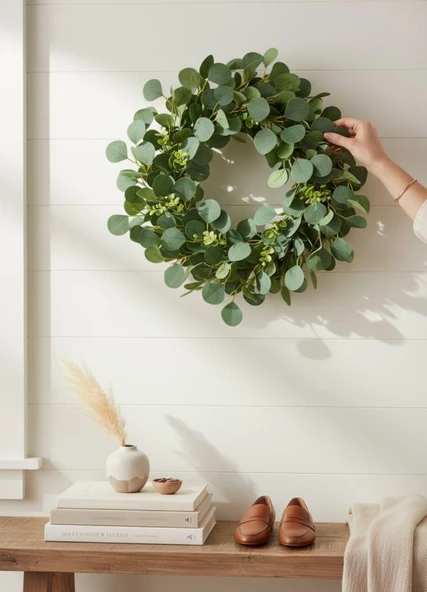 Yapay Çiçek Kapı Süsü Yeşil Okaliptus 50cm Yılbaşı Kapı Çelengi - Resim 8