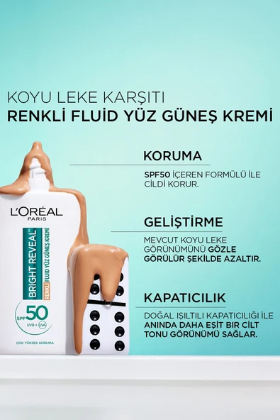Loreal Paris Bright Reveal Spf 50+ Koyu Leke Karşıtı Renkli Fluid Günlük Yüz Güneş Kremi 50ml - Medium - 5