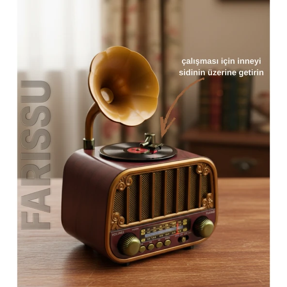 Retro Gramofon Görünümlü Bluetooth'lu FM/AM/SW 3 Bant Radyo ve Müzik Çalar (Everton RT-738) - 4