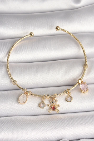Pirinç Gold Renk Sallantı Zirkon Taşlı Ayıcık Figür Kırmızı Kalp Detay Charm Kadın Bileklik - TJ-BB6896 ürün görseli 1
