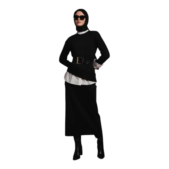 Asimetrik Kesim Çizgi Detaylı Etekli Takım 25YTD6119 - Resim 3