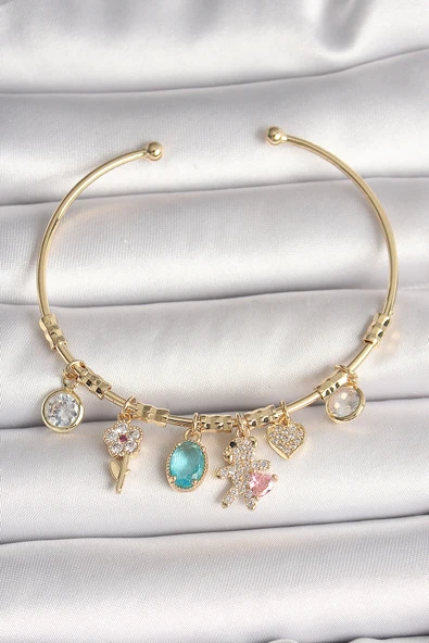 Pirinç Gold Renk Sallantı Zirkon Taşlı AYıcık Figür Kalp Detay Charm Kadın Bileklik - TJ-BB6894 ürün görseli 1