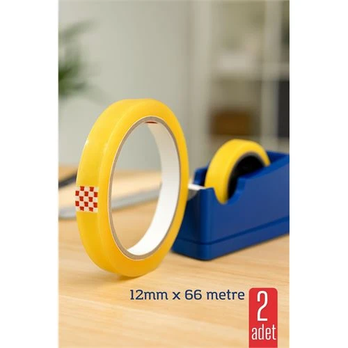 Modacar 2 li Para Bandı Büyük Makinelere 12MM 66 mt Selobant – Şeffaf Bant | Masa Üstü Dispenser Uyumlu - 1