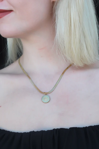 316L Kararmaz Çelik Gold Renk İtalyan Zincirli Kutup Yıldızı Plaka Kadın Kolye - TJ-BKO6736 - Resim 2