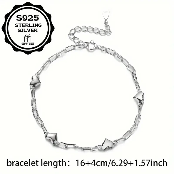 Heart chain 925 Ayar sade şık zincir kalpli gümüş bileklik - Resim 8