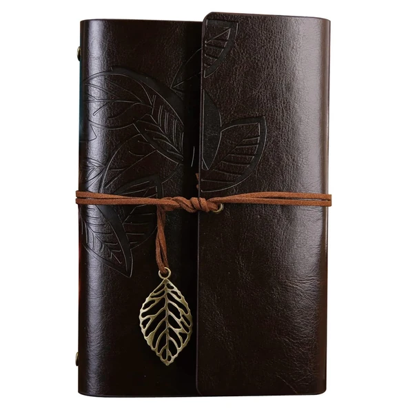 Büyük Yaprak Desenli Deri Defter Koyu Kahverengi ürün görseli 1