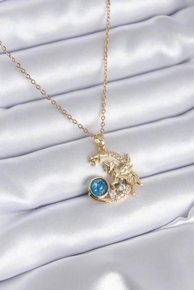 316L Çelik Gold Renk Hilal Ay Tek Boynuzlu At Model Zirkon Taş Detay Kadın Kolye - TJ-BKO7779 ürün görseli