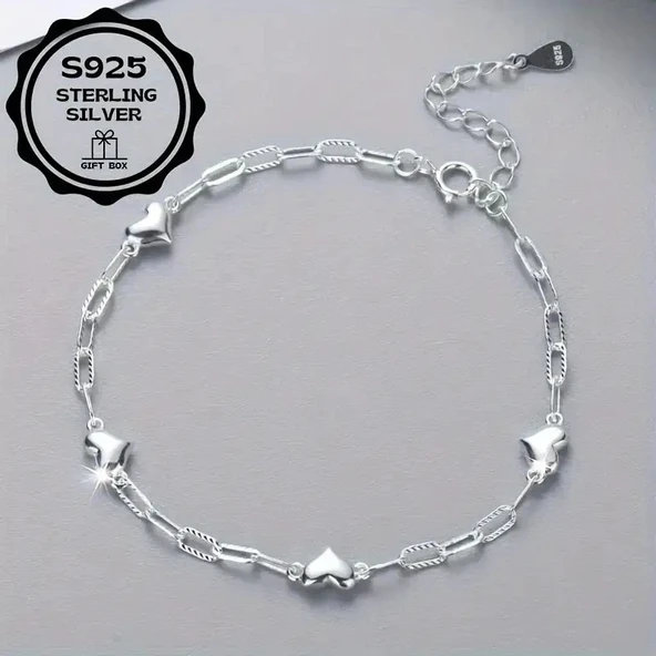 Heart chain 925 Ayar sade şık zincir kalpli gümüş bileklik - Resim 7