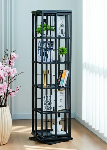 DEKORATİF SİYAH METAL 360 DÖNER KİTAPLIK 5 RAFLI ÜNİTE ÇOK AMAÇLI SALON OFİS DÜZENLEYİCİ