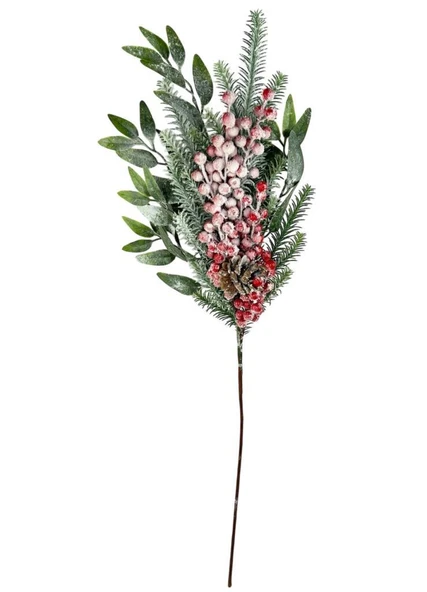 Yapay Çiçek Karlı Kokina ve Çam Dalı Uzun Dal 80cm Yılbaşı Çiçeği Red Berry - Resim 2