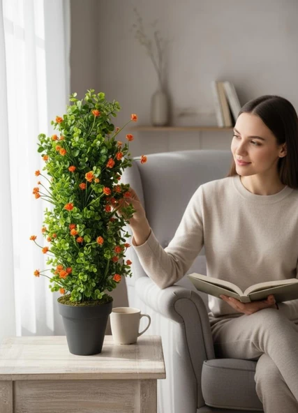 Yapay Çiçek Siyah Saksıda Turuncu Lotuslu Yeşil Şimşir Ağacı 70*30cm - Resim 4