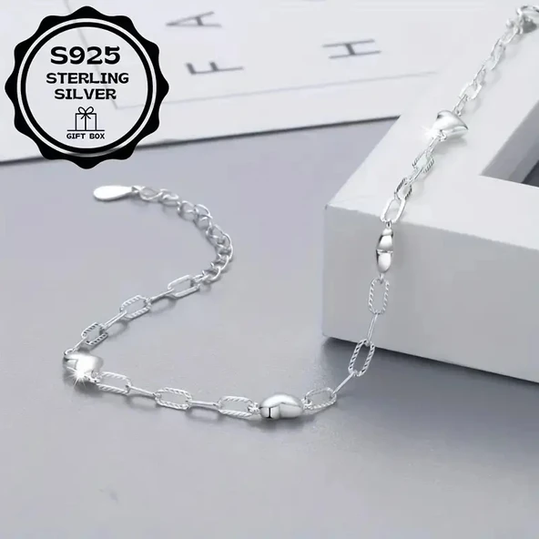 Heart chain 925 Ayar sade şık zincir kalpli gümüş bileklik - Resim 5