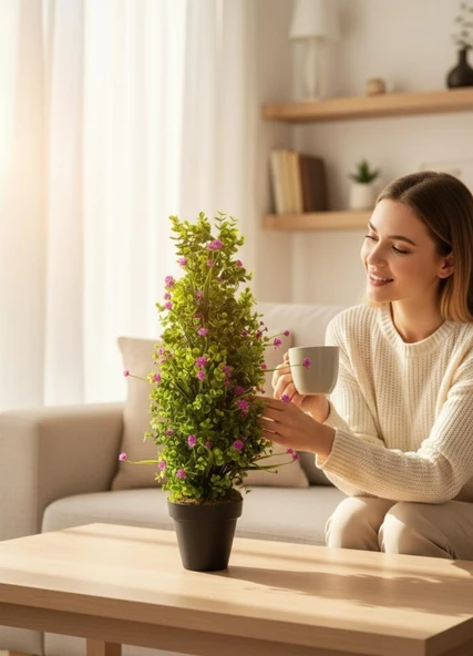 Yapay Çiçek Siyah Saksıda Mor Lotuslu Yeşil Şimşir Ağacı 70*30cm - Resim 6