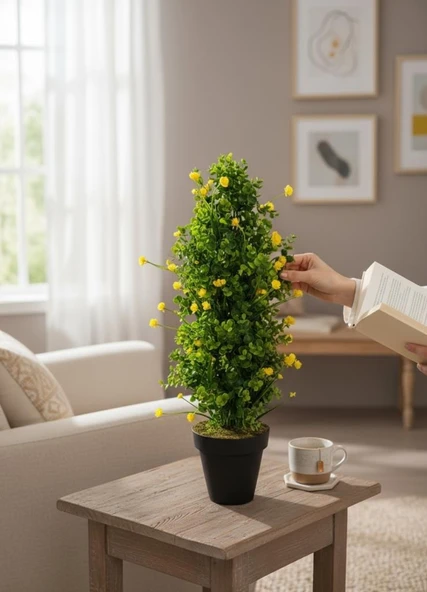 Yapay Çiçek Siyah Saksıda Sarı Lotuslu Yeşil Şimşir Ağacı 70*30cm - Resim 6