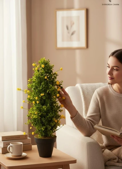 Yapay Çiçek Siyah Saksıda Sarı Lotuslu Yeşil Şimşir Ağacı 70*30cm - Resim 7