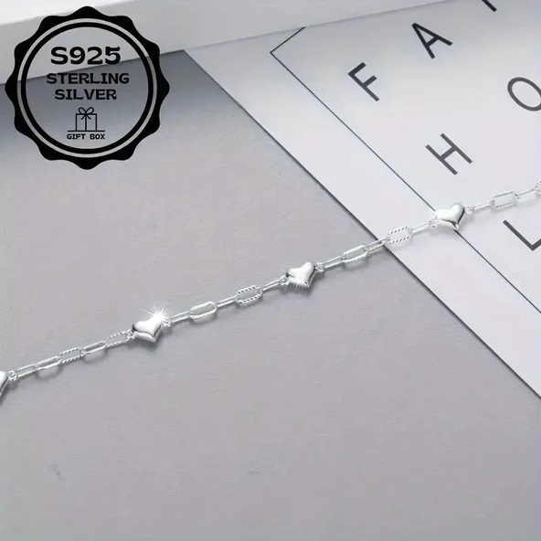 Heart chain 925 Ayar sade şık zincir kalpli gümüş bileklik - Resim 6