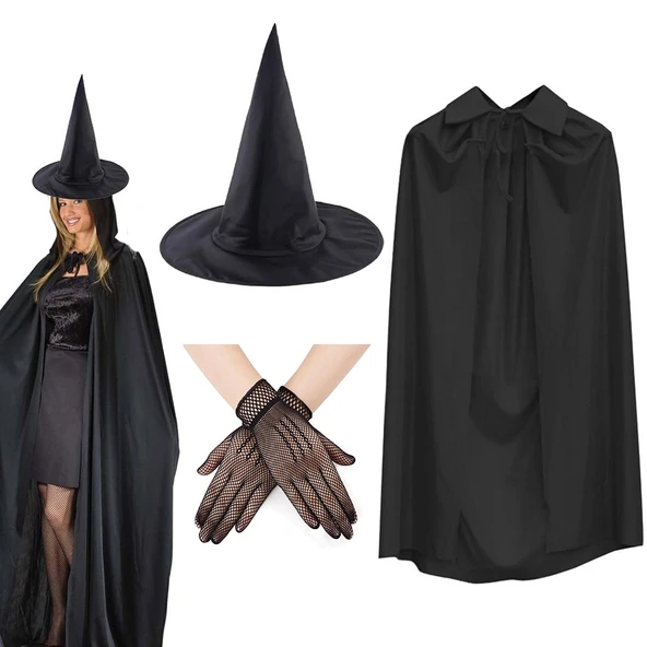 120 cm Siyah Yakalı Cadı Pelerini Cadı Şapkası ve 1 Çift Siyah Kısa File Tüm Eldiven Seti 3 Parça ürün görseli 1