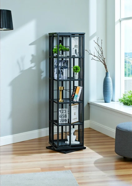 DEKORATİF SİYAH METAL 360 DÖNER KİTAPLIK 5 RAFLI ÜNİTE ÇOK AMAÇLI SALON OFİS DÜZENLEYİCİ - 7