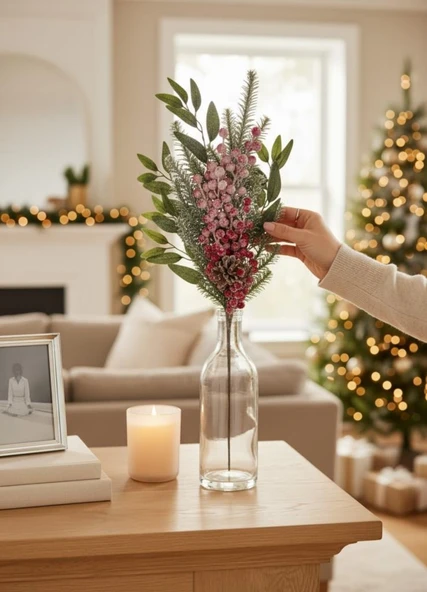 Yapay Çiçek Karlı Kokina ve Çam Dalı Uzun Dal 80cm Yılbaşı Çiçeği Red Berry - Resim 4