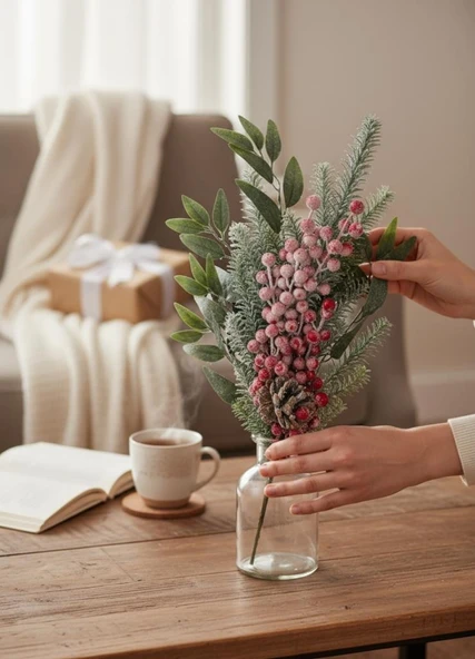 Yapay Çiçek Karlı Kokina ve Çam Dalı Uzun Dal 80cm Yılbaşı Çiçeği Red Berry - Resim 7