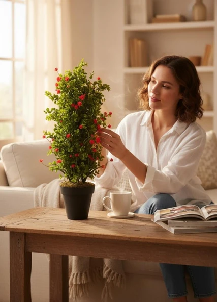 Yapay Çiçek Siyah Saksıda Kırmızı Lotuslu Yeşil Şimşir Ağacı 70*30cm - Resim 3