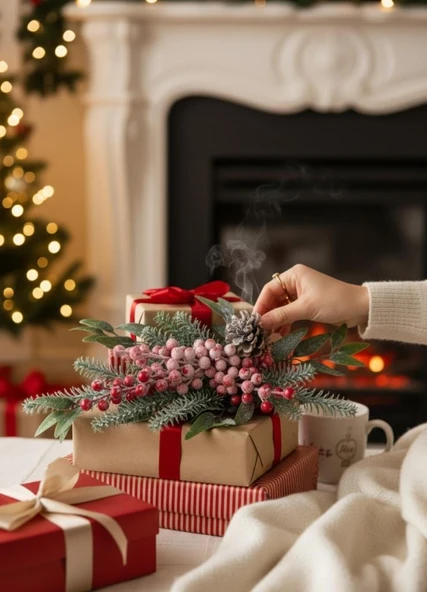 Yapay Çiçek Karlı Kokina ve Çam Dalı Uzun Dal 80cm Yılbaşı Çiçeği Red Berry - Resim 8