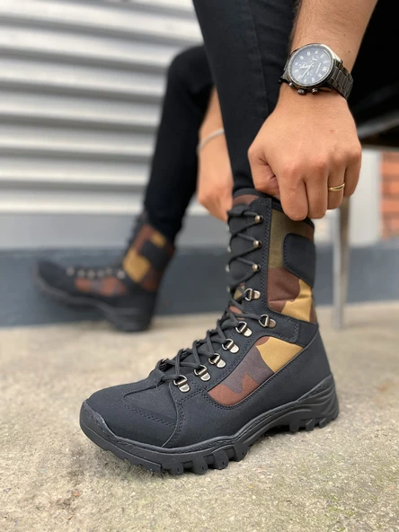 Ekir  Bağcıklı Ortopedik Taban Günlük Cilt Erkek Askeri Postal Bot CST Siyah/Haki - 3