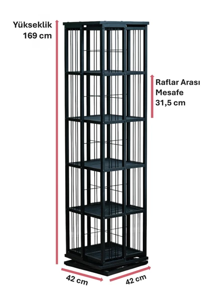 DEKORATİF SİYAH METAL 360 DÖNER KİTAPLIK 5 RAFLI ÜNİTE ÇOK AMAÇLI SALON OFİS DÜZENLEYİCİ - 5