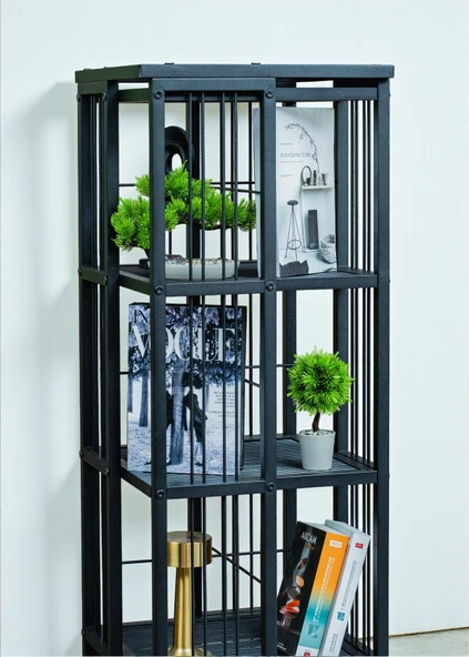 DEKORATİF SİYAH METAL 360 DÖNER KİTAPLIK 5 RAFLI ÜNİTE ÇOK AMAÇLI SALON OFİS DÜZENLEYİCİ - 3